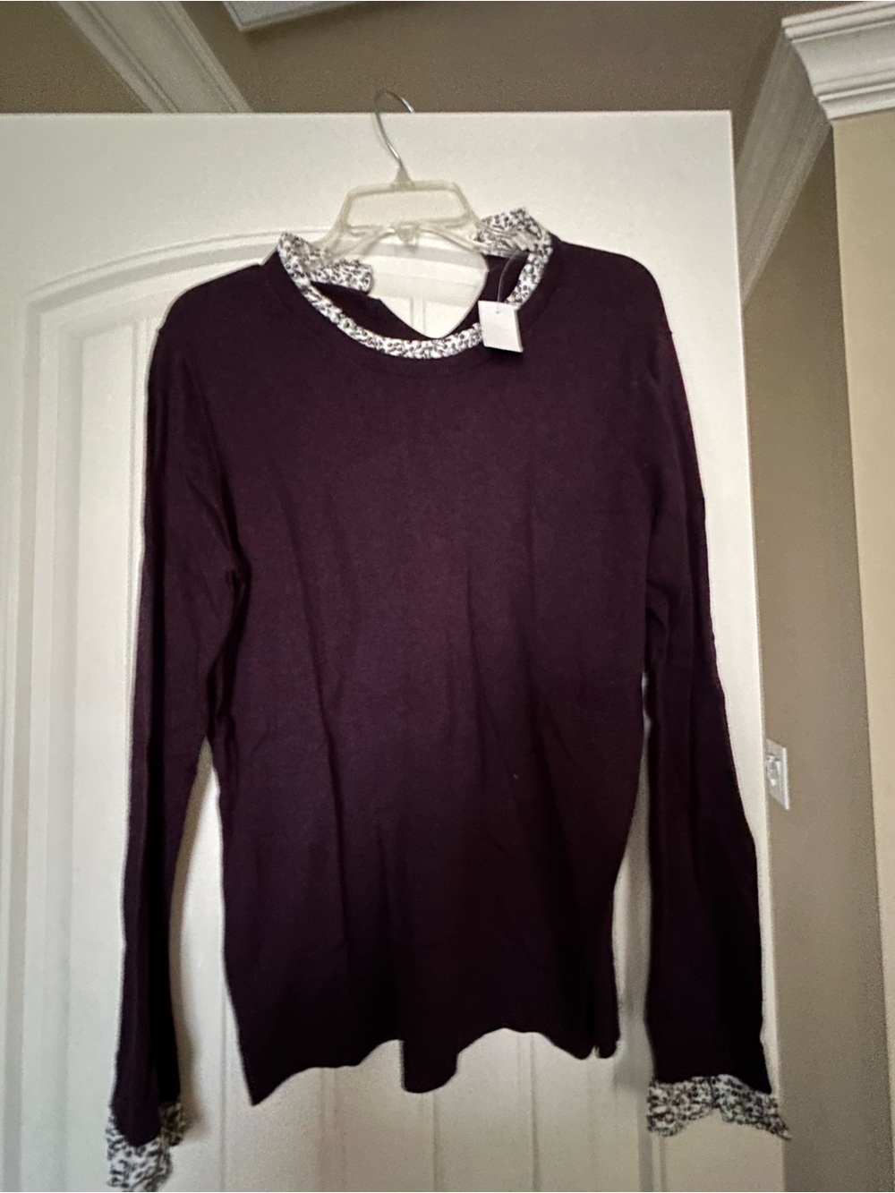 LOFT Plum Long-Sleeve Crewneck Top with Printed Trim